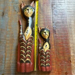 2 Vintage Wood Cat Sculptures Large Hand-carved & Hand Painted Folk Art Balinese